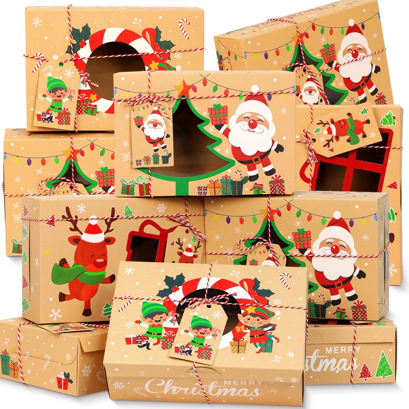 Parma77 12 Pcs Christmas Cookie Boxes Christmas Treat Boxes for Donuts Cupcake Candy Gift Giving Holiday Gift Baking Box Christmas Kraft Paper Boxes with Christmas Tags Ribbons